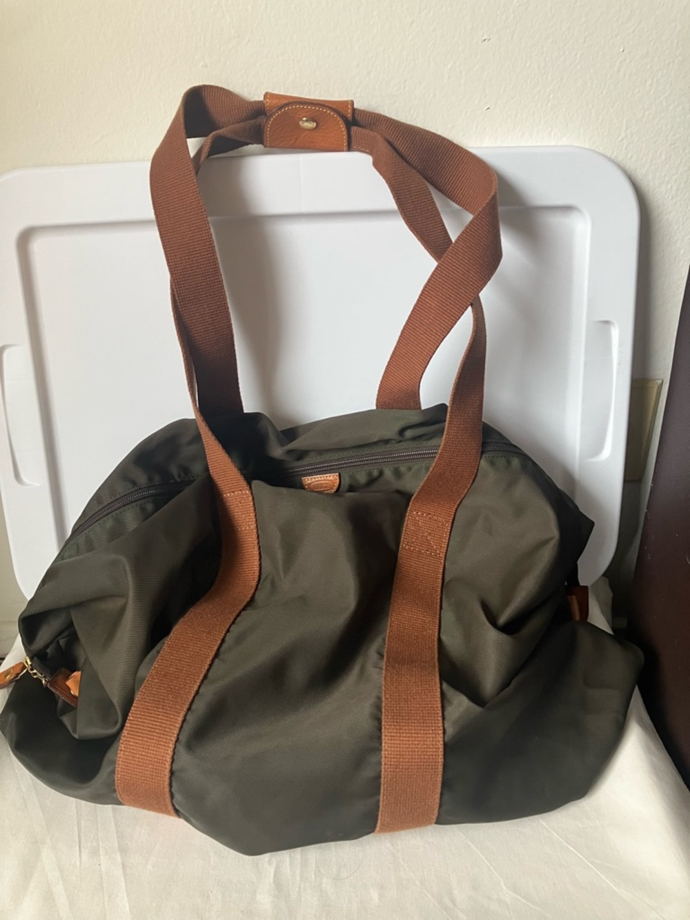 Bric’s Italy Duffle Bag Dark Brown Nylon Leather Trim Lightweight Packable.
